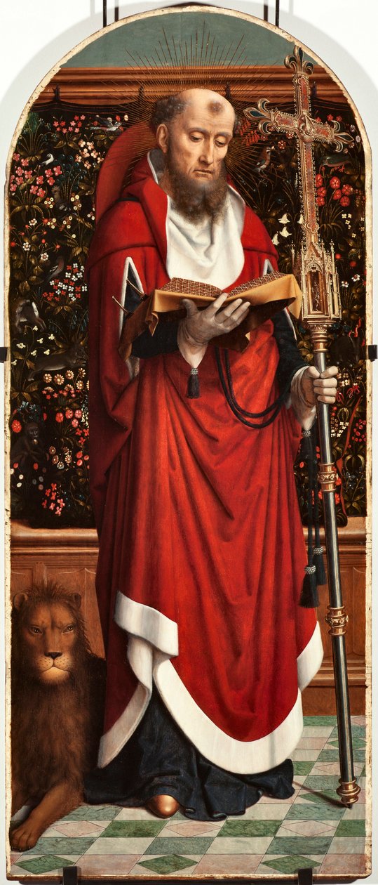 Saint Jerome Polyptych Panel fra kirken San Gerolamo della Cervara - Maleri av Gerard David (ca. 1460-1523) 1506 Dim 65x150 cm Genes Musei di Strada Nuova (ex Palazzo Bianco) Italia av Gerard David