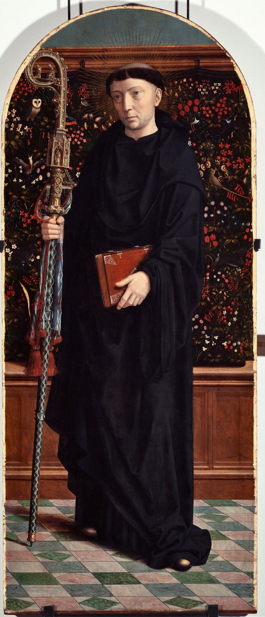 Saint Maur (eller Amaury, Amalric, Maura, Morane, Mauro) (St Maurus) Polyptykpanel fra kirken San Gerolamo della Cervara - Maleri av Gerard David (ca. 1460-1523) 1506 Dim 65x150 cm Genes Musei di Strada Nuova ( ex Palazzo Bianco) Italia av Gerard David