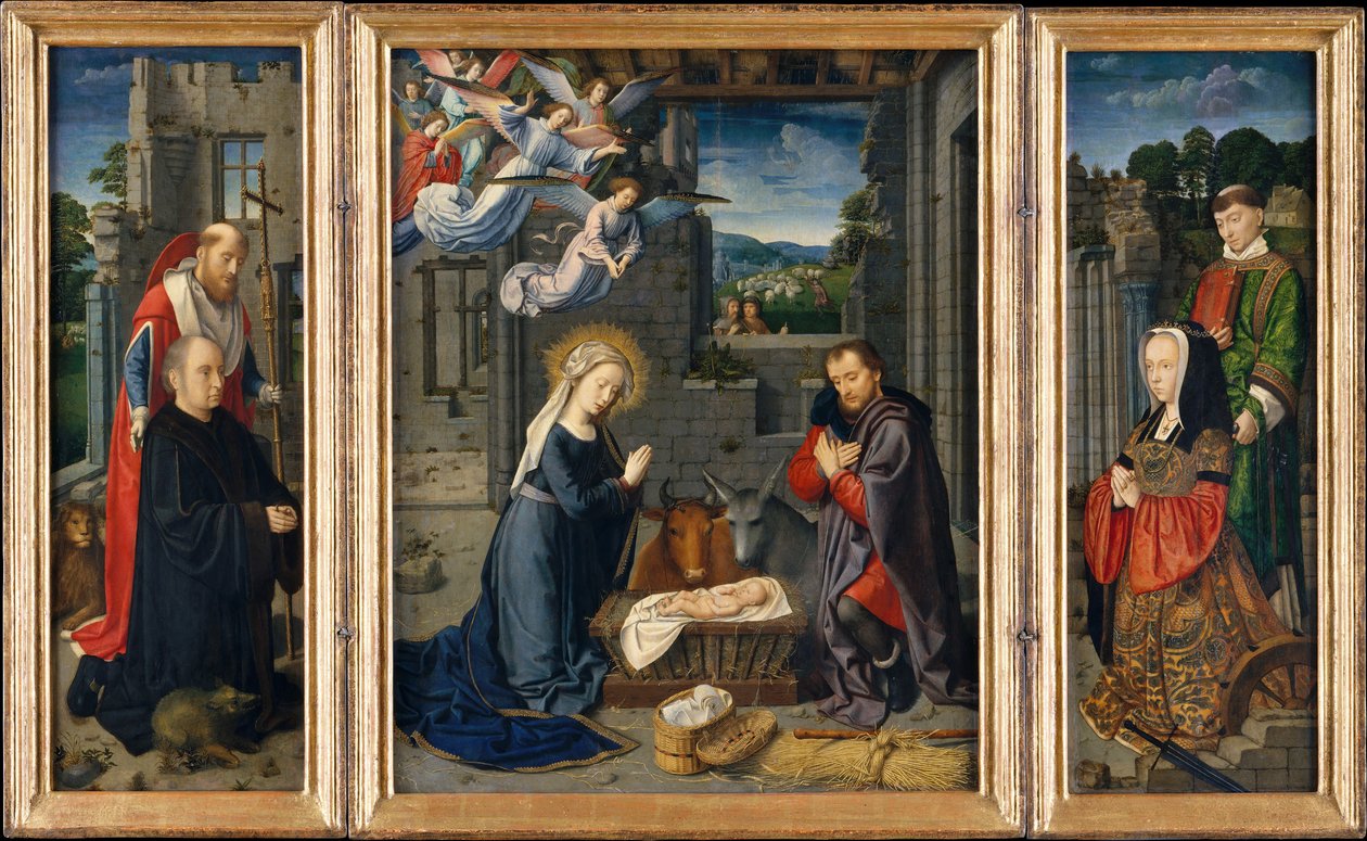 Fødselen med givere og hellige Jerome og Leonard, ca. 1510-15. av Gerard David