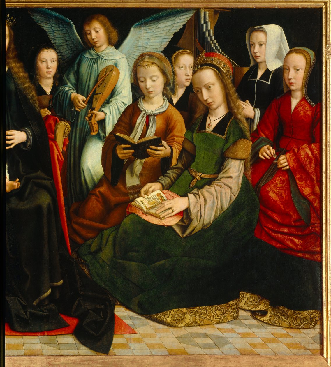 Jomfruen blant de hellige. Detalj av Saintes: Saint Apolline (eller Apollonia), Saint Godeline, Saint Cecile, Saint Barbe, Saint Lucia. Maleri av Gerard David (1460-1523) av Gerard David