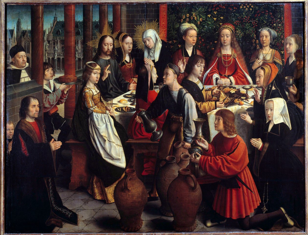 Bryllupet i Kana Miraklet med vann blir til vin under en bryllupsbankett som Jesus og Maria er invitert til. Maleri av Gerard David (1460-1523) Søn. 1x1,28 m av Gerard David