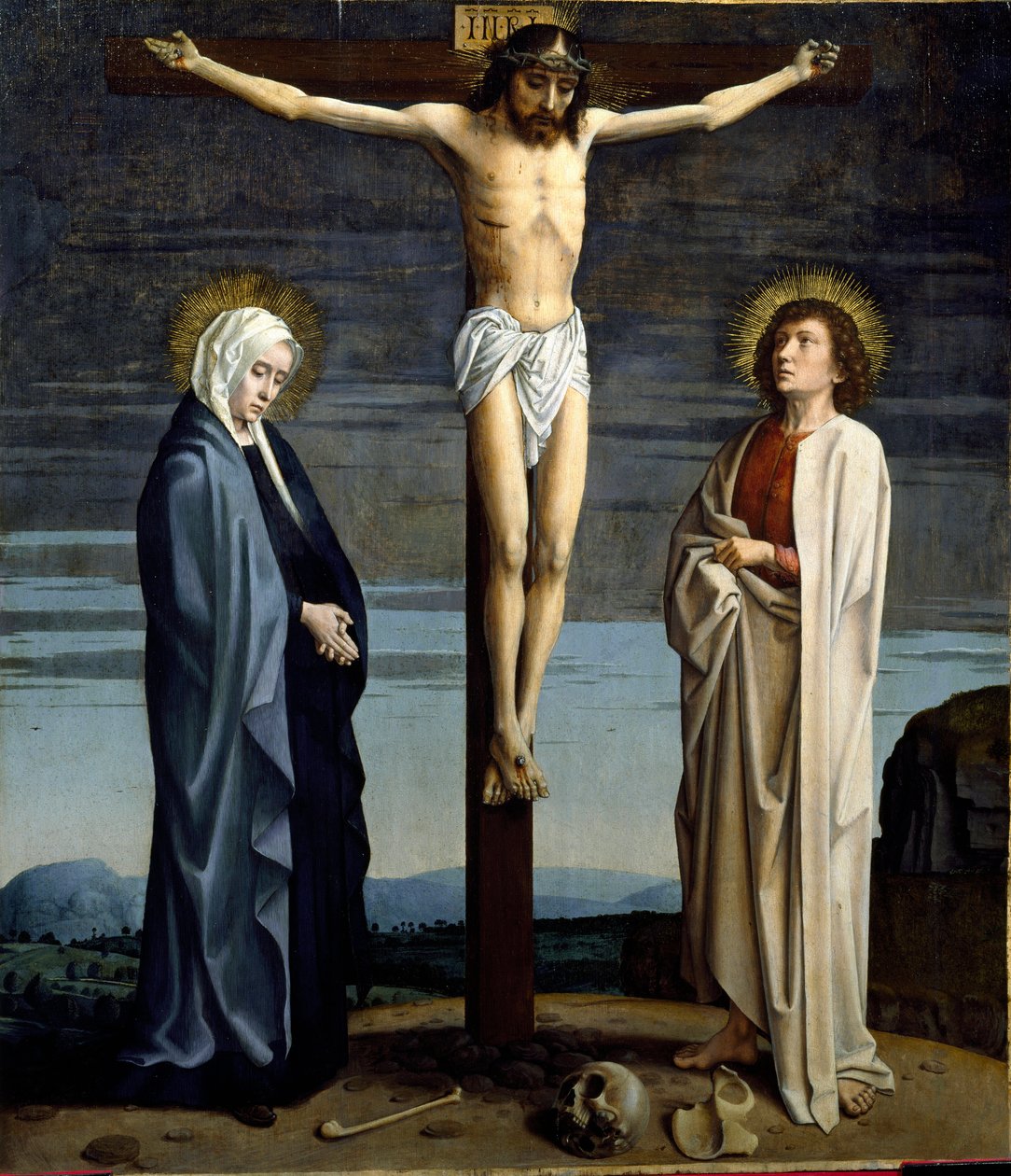 Korsfestelsen. Innskrift "" INRI"" (I.N.R.I.) på korset. Maleri av Gerard David (1460-1523) av Gerard David