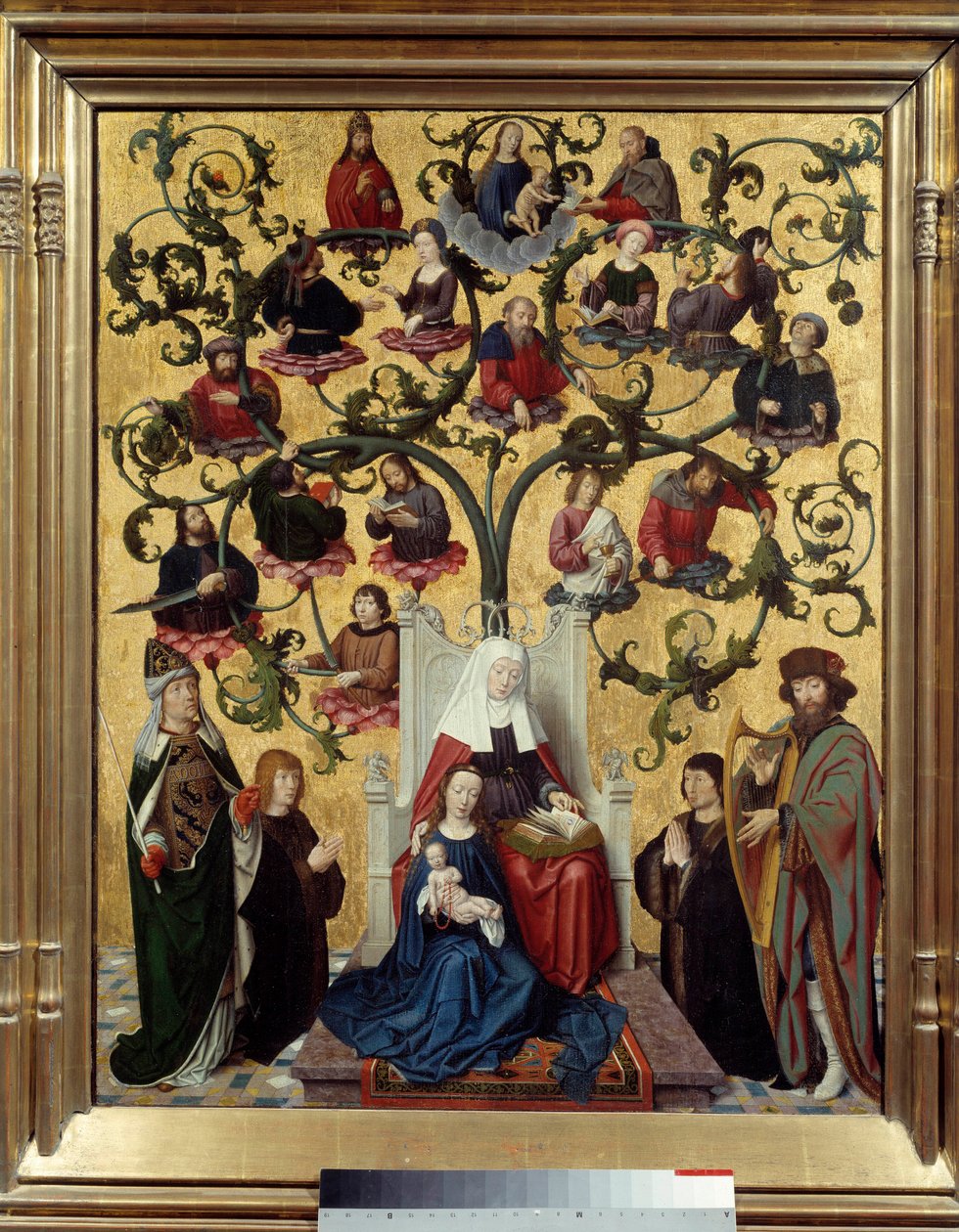 Linjen til Saint Anne Representasjon av det genealogiske treet til Saint Anne, mor til Maria. Maleri på tre av Gerard David (1460-1523). 1483. Søn. 0,88 x 0,69 Lyon, Musee des Beaux Arts av Gerard David