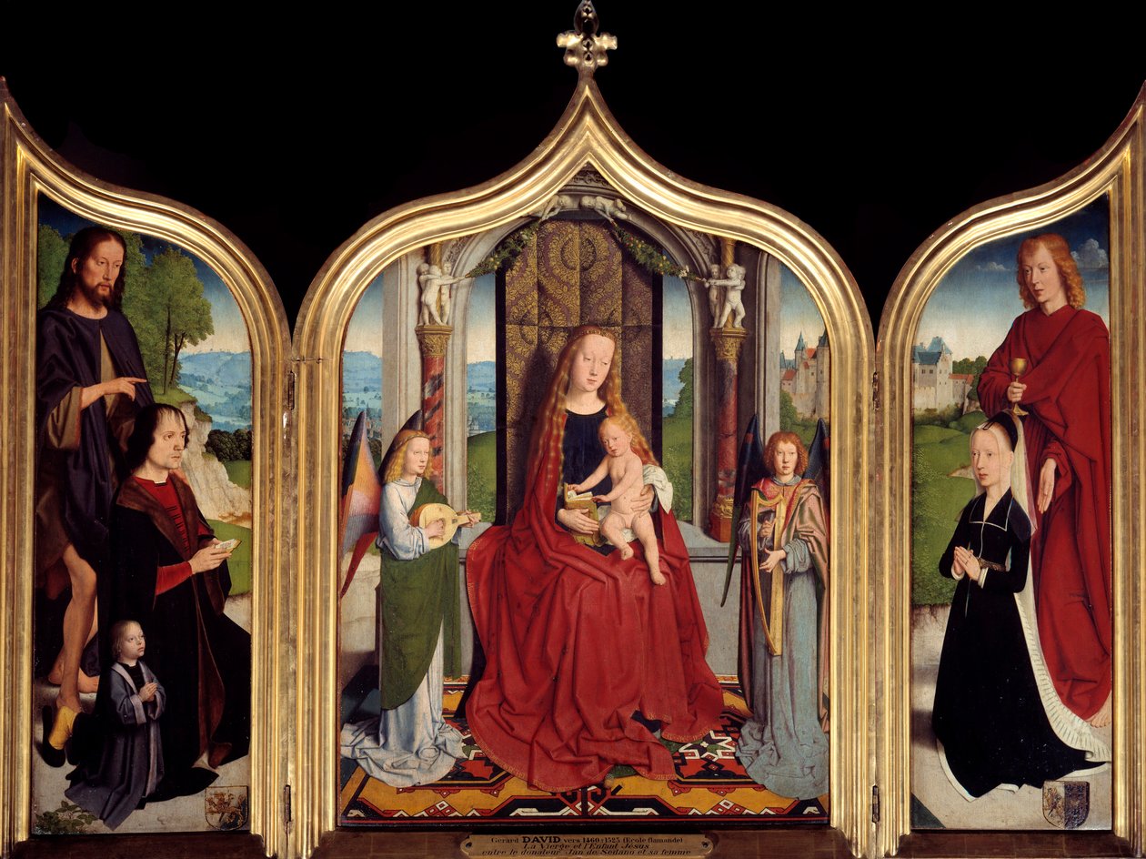 Triptyk av Sedano-familien: i sentrum Jomfruen og barnet mellom to musikalske engler, til venstre Johannes av Sedano og sønnen hans presentert av døperen Johannes, til høyre hans kone og evangelisten Johannes. Maleri av Gerard David av Gerard David
