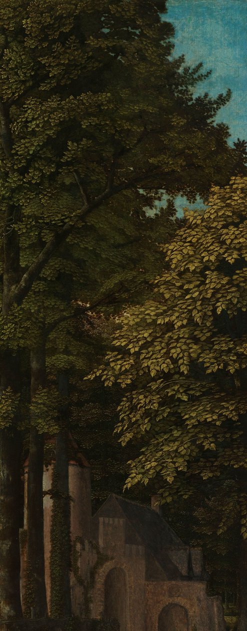 Utsikt i en skog, ytre venstre fløy av en triptyk av Gerard David