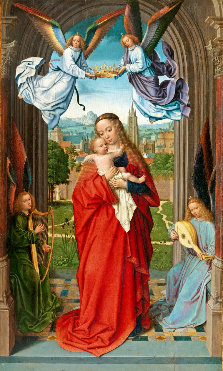 Jomfru og barn med fire engler, ca. 1510-15 (olje på tre) av Gerard David