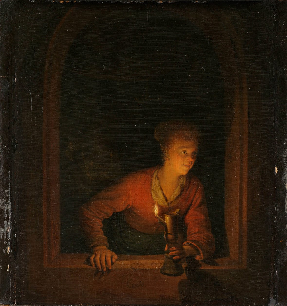 Jente med en oljelampe ved et vindu av Gerrit Dou
