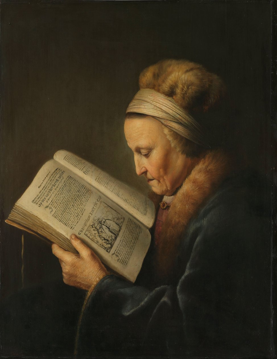 Gammel kvinne som leser Gammel kvinne leser en leksjonsbok: det såkalte portrettet av Rembrandts mor, Neeltgen Willemsdr van Zuijdtbroeck (d. 1640) av Gerrit Dou