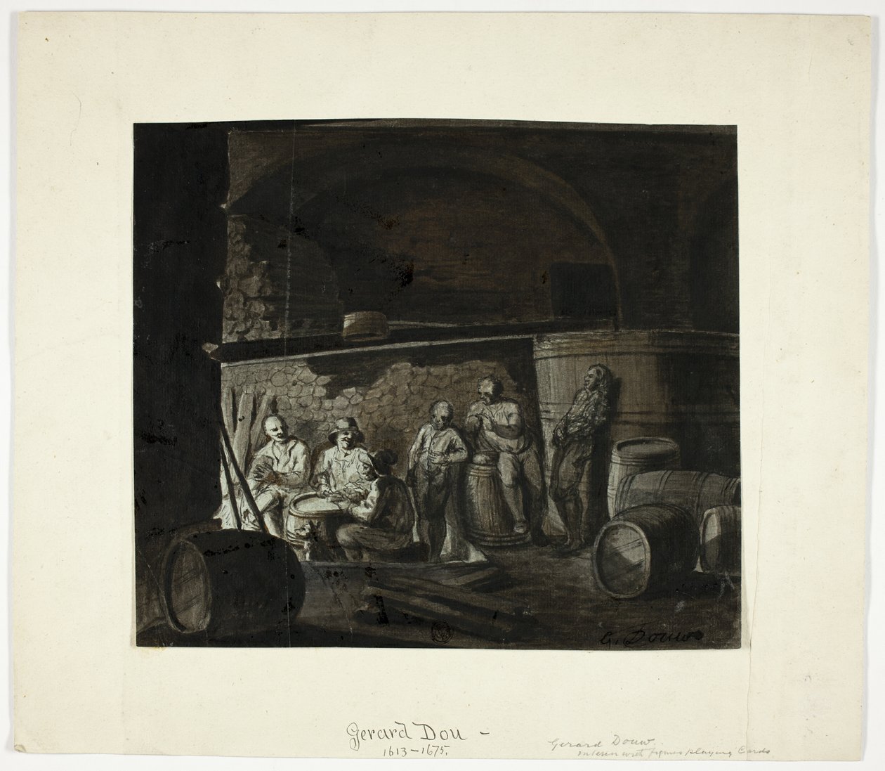Vinkjeller med menn som spiller kort av Gerrit Dou