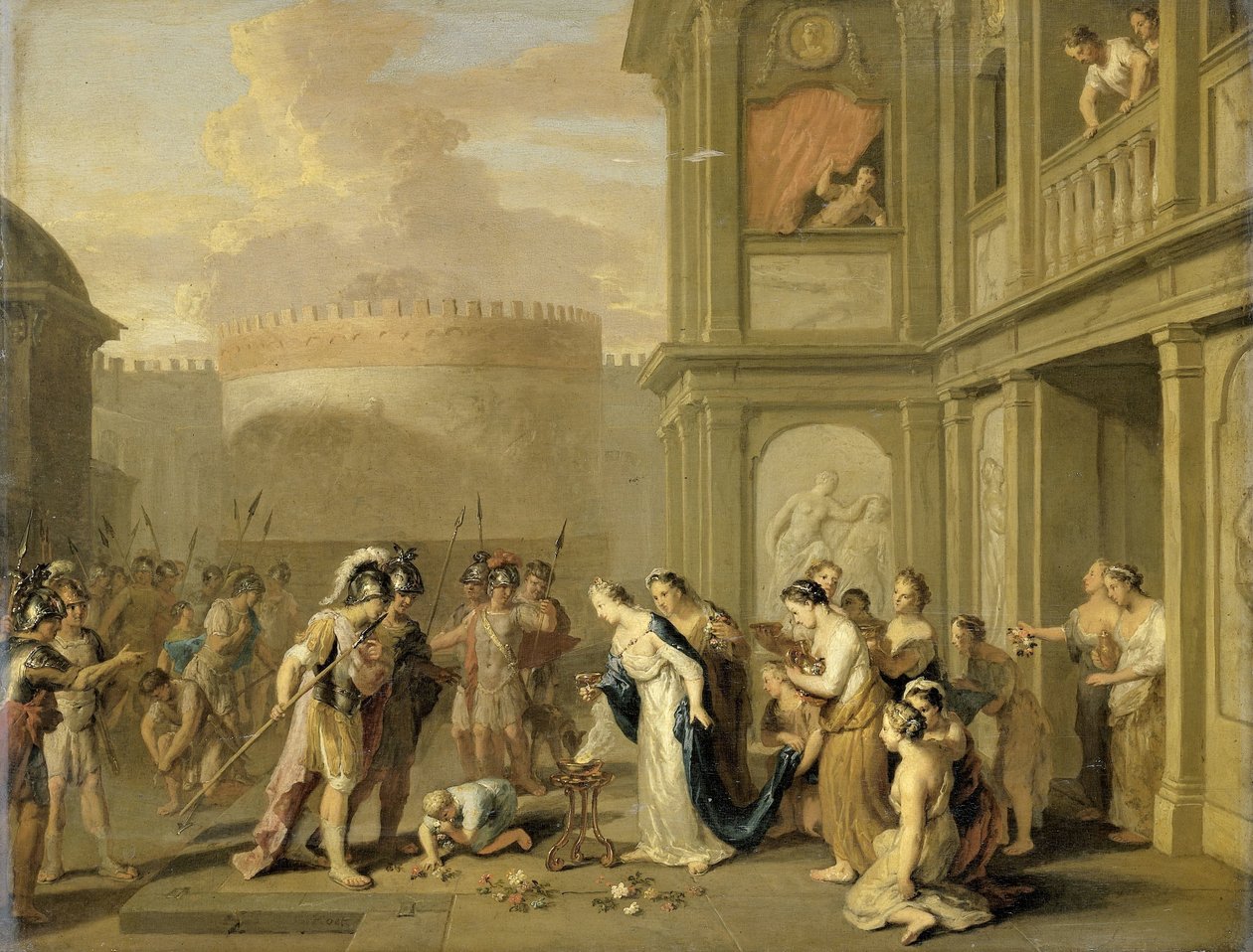 Dronning Cleophis tilbyr vin til Alexander den store etter hans erobring av Mazaka av Gerard Hoet (I)