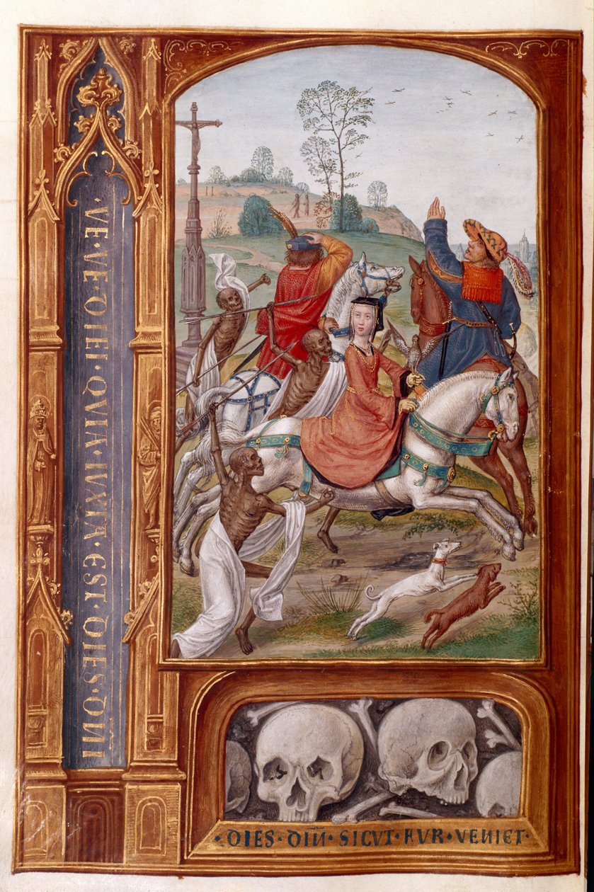 Legg til 35313 fol.158v Skjeletter angriper et jaktlag, fra 