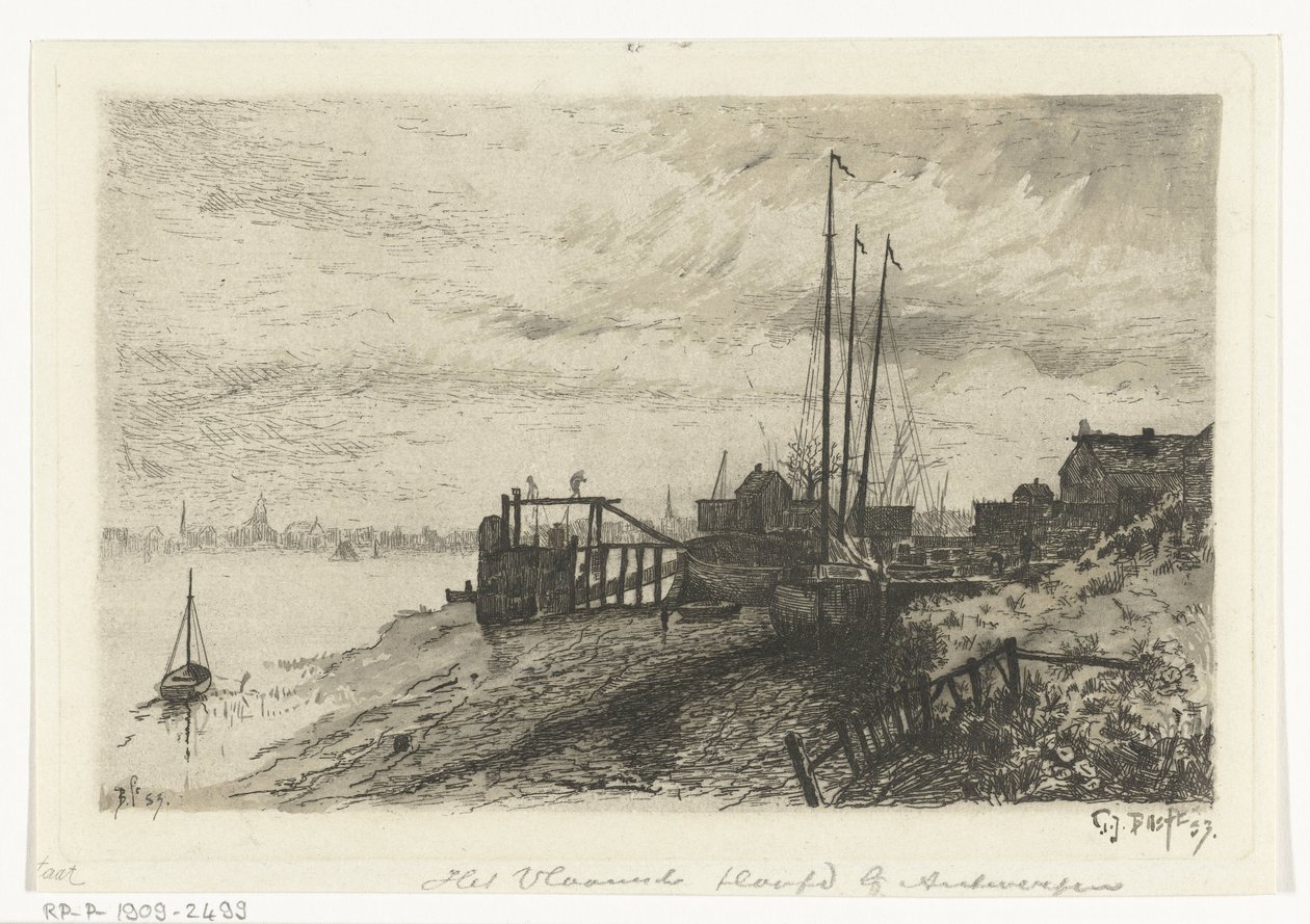 elveutsikt Det flamske hodet nær Antwerpen (tittel på objekt) av Gerard Jan Bos (signed by artist)