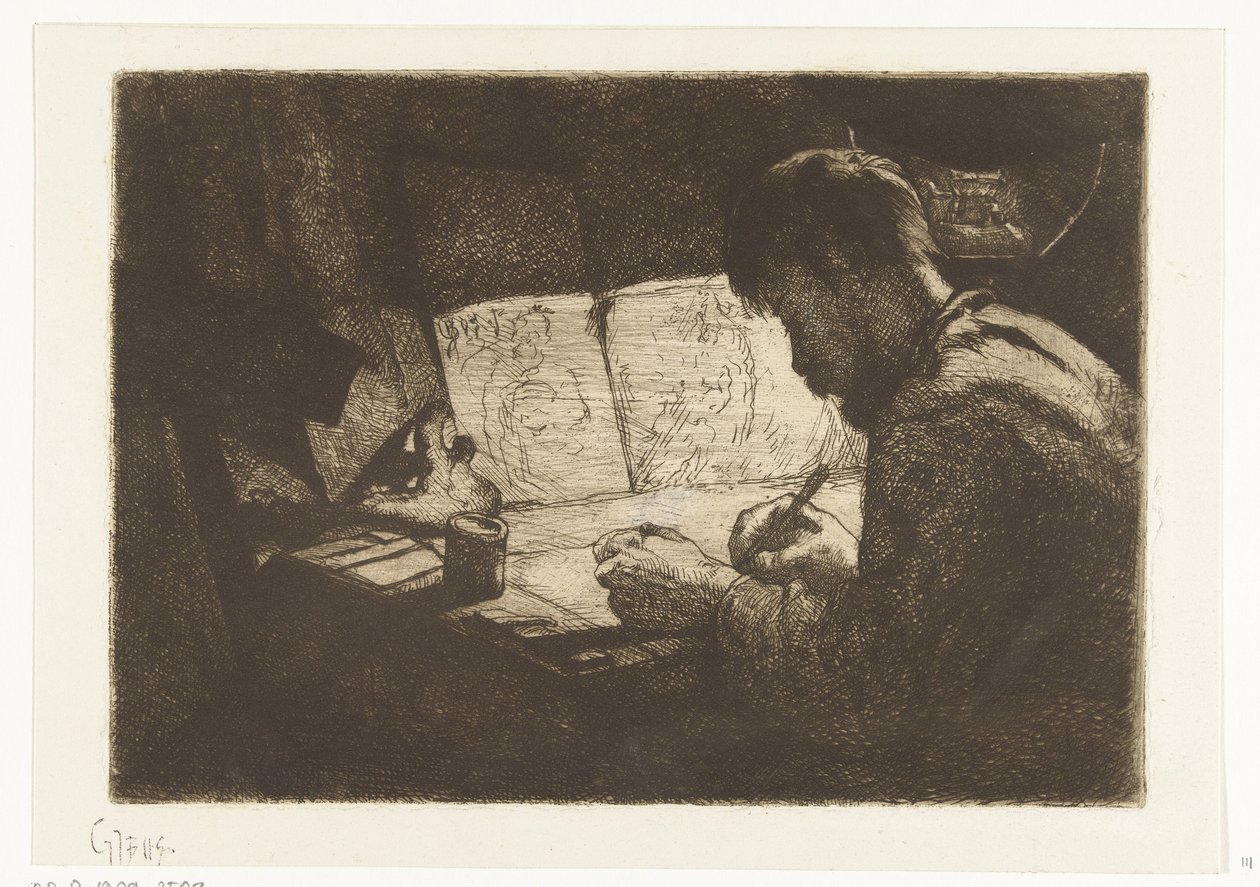Selvportrett bak tegnebrettet av Gerard Jan Bos (signed by artist)