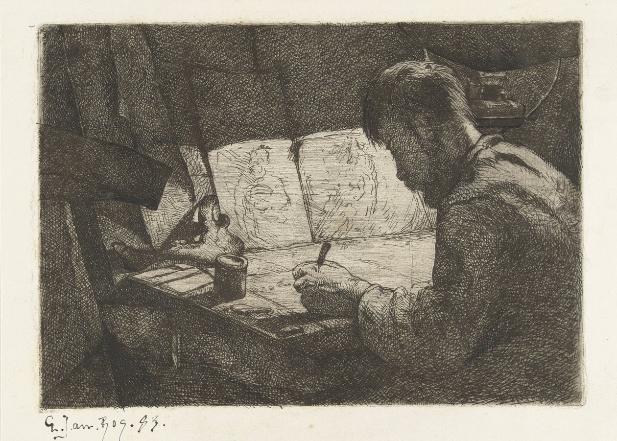 Selvportrett bak tegnebrettet av Gerard Jan Bos (signed by artist)
