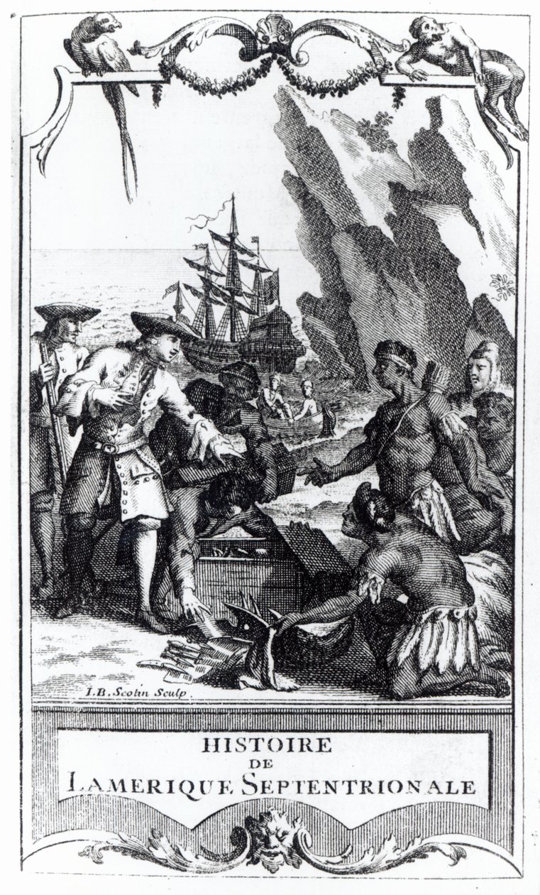 Frontispice for Histoire de lAmerique septentrionale av Bacqueville de La Potherie (1663-1736), utgitt i 1753 (bw-foto) av Gerard Jean Baptiste Scotin