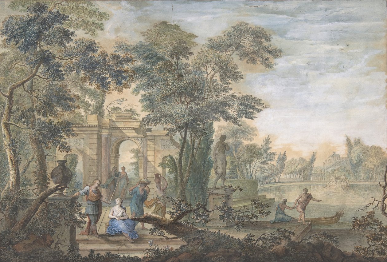 Arkadisk landskap med flere figurer og en statue av Diana, 1700-tallet. av Gerard Melder