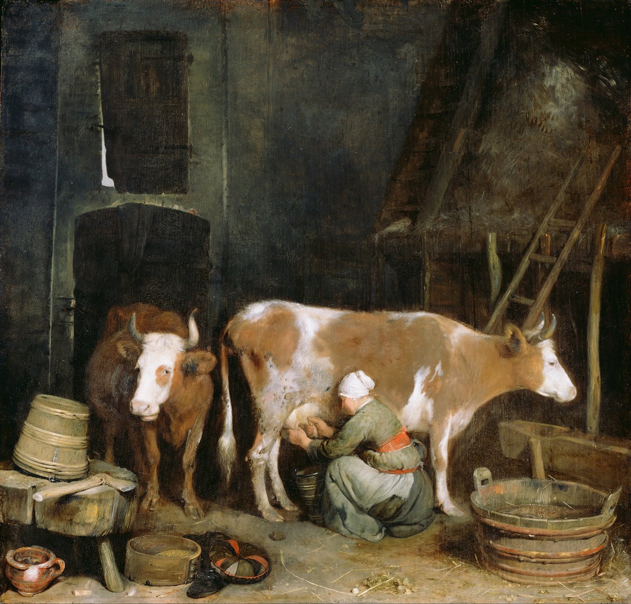 En hushjelp som melker en ku i en låve, 1652-1654 av Gerard Ter Borch the Younger