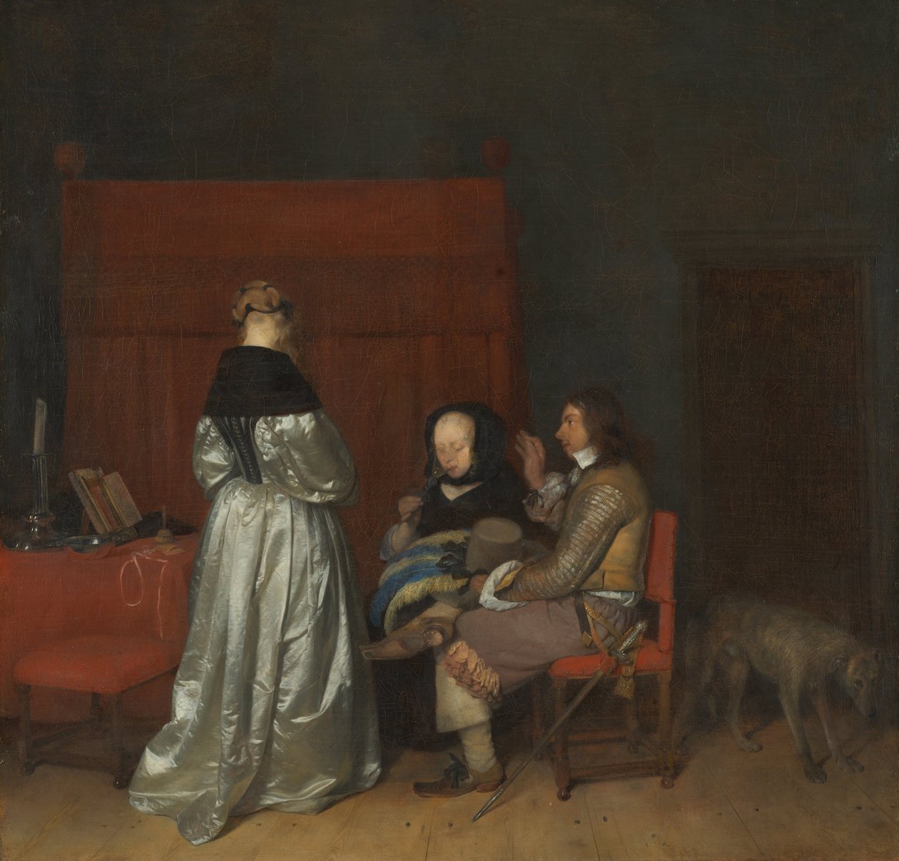 Tre skikkelser som samtaler i et indre The Paternal Admonition, ca 1654 av Gerard Ter Borch the Younger