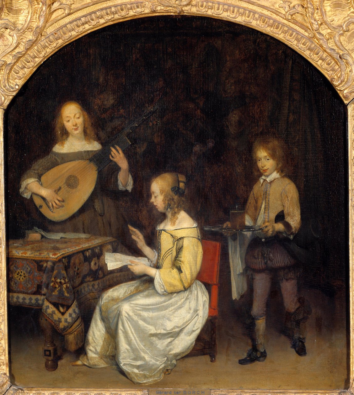 The Concert: sanger og spiller av Luth Theorbe. Maleri av Gerard Ter Borch (1617-1681), nederlandsk skole av Gerard ter Borch