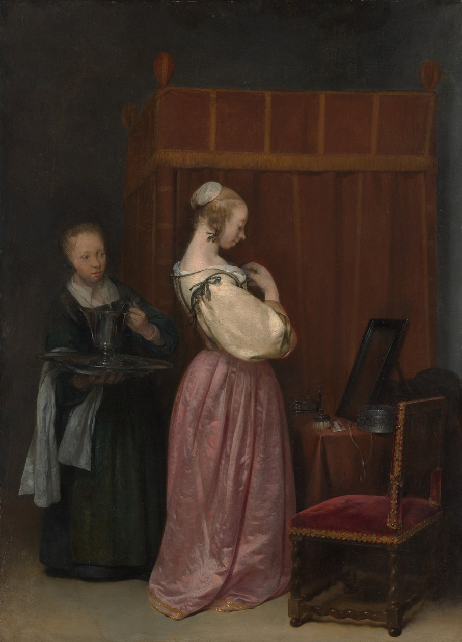 En ung kvinne på toalettet hennes med en hushjelp, ca. 1650-51. av Gerard Terborch II