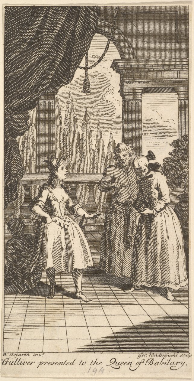 Gulliver presentert for dronningen av Babilary, frontispice til The Travels of Mr. ..., februar 1730. av Gerard Vandergucht