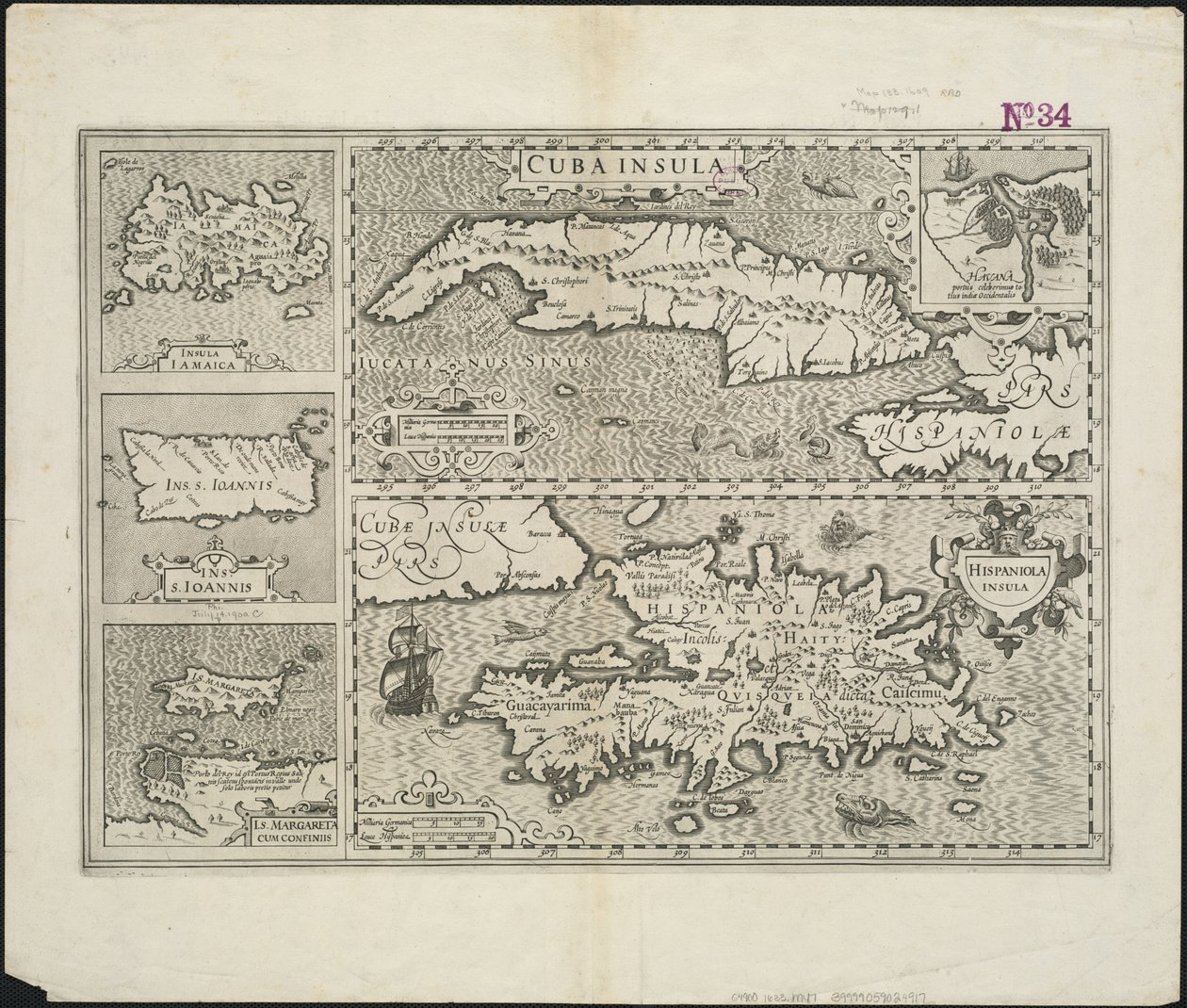 Cuba Insula ; Hispaniola Insula, gravert av Hendrik Hondius, 1633 av Gerard after Mercator