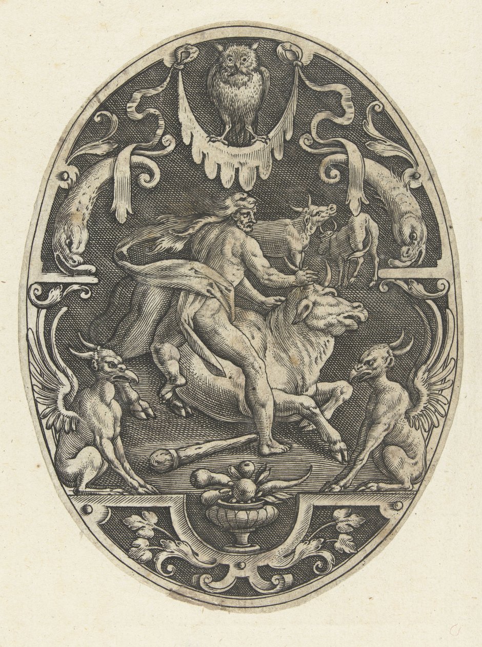 Hercules fanger den kretiske oksen Ovale overflatedekorasjoner med Hercules gjerninger i grotesker (serietittel) av Gerard de Jode