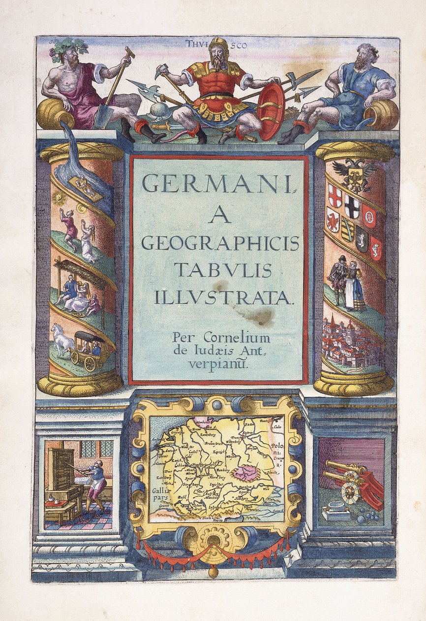 Tittelside til del 2, "Germania geografiske kart illustrert", 1593 av Gerard de Jode