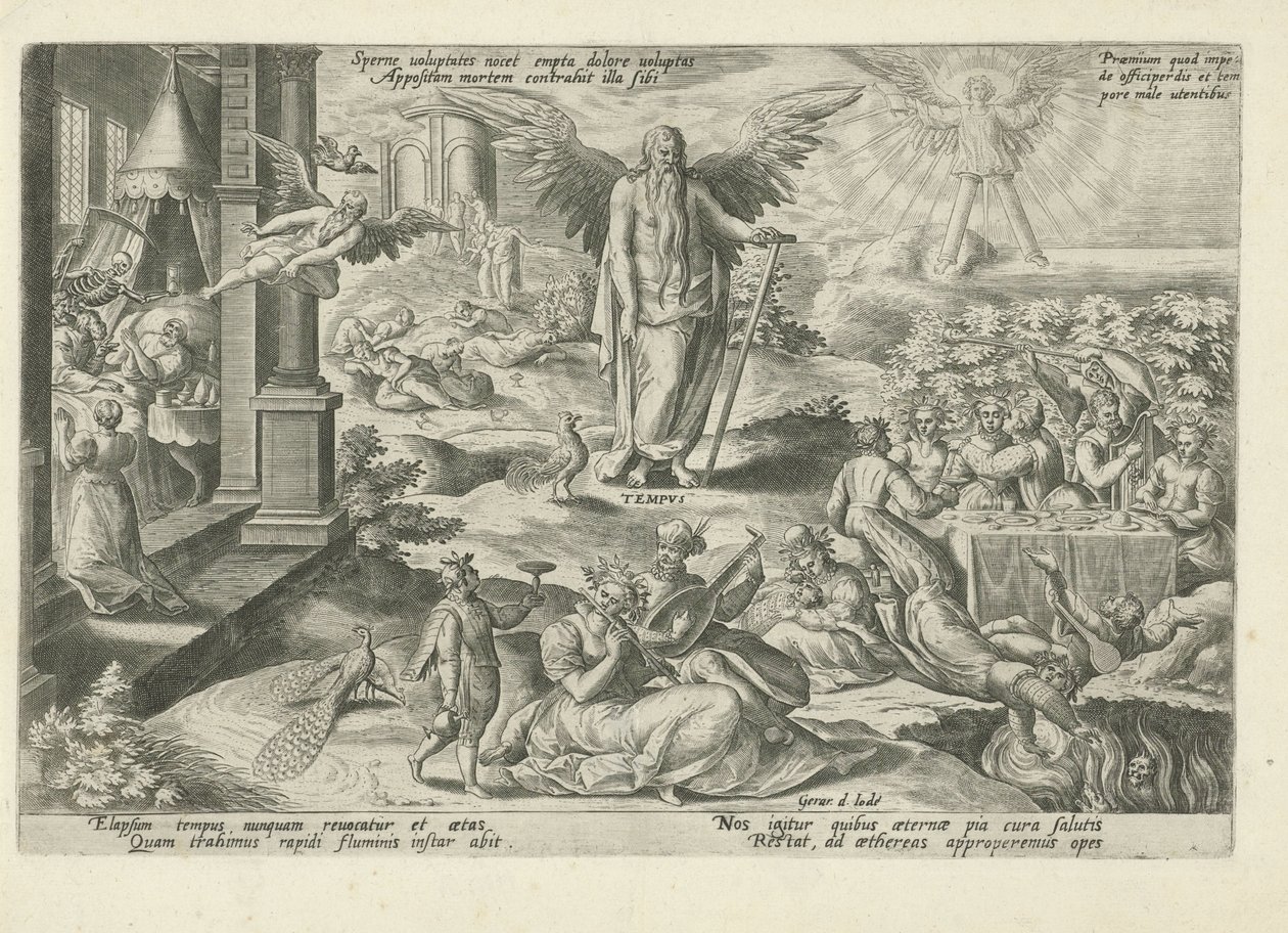 Far Tid midt blant lettbeinte mennesker Sperne uoluptates nocet empta dolore uoluptas (...) (tittel på objekt) Moraliserende allegorier om tid (serietittel) av Gerard de Jode