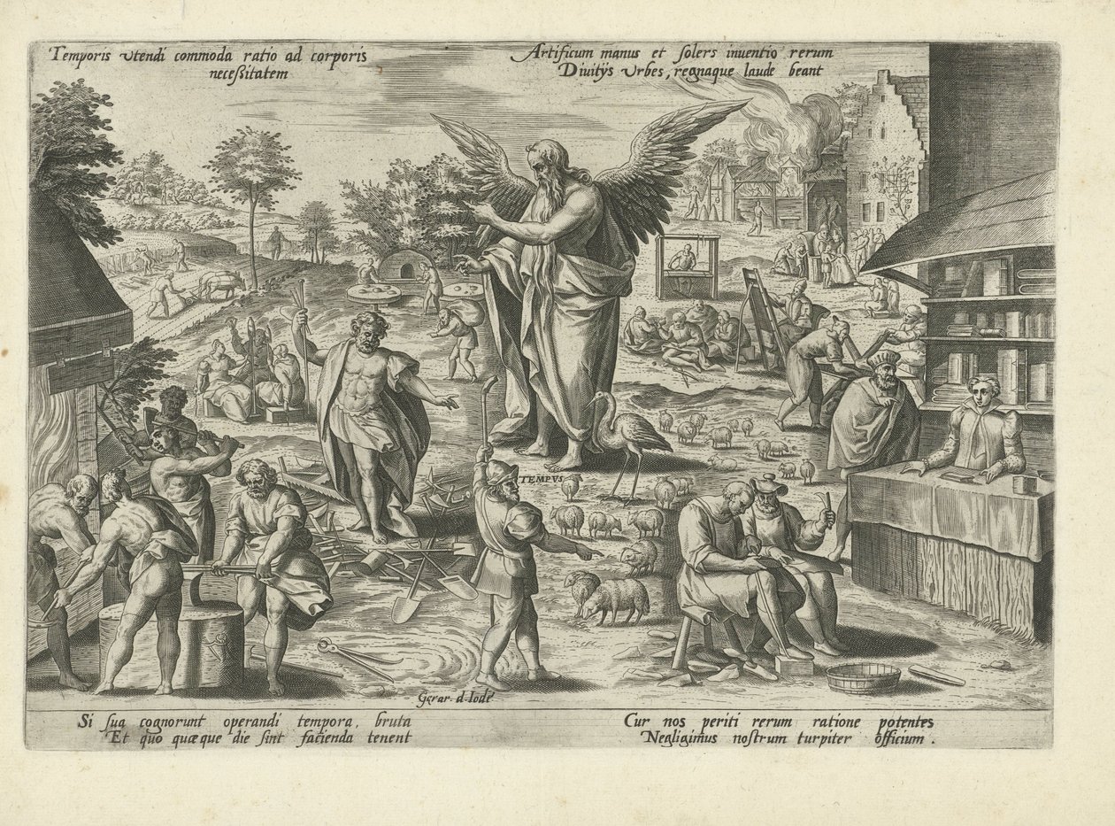 Father Time midt i scener med menneskelige yrker og aktiviteter Temporis utendi commoda ratio ad corporis neceßitatem (...) (tittel på objekt) Moralizing Allegories of Time (serietittel) av Gerard de Jode