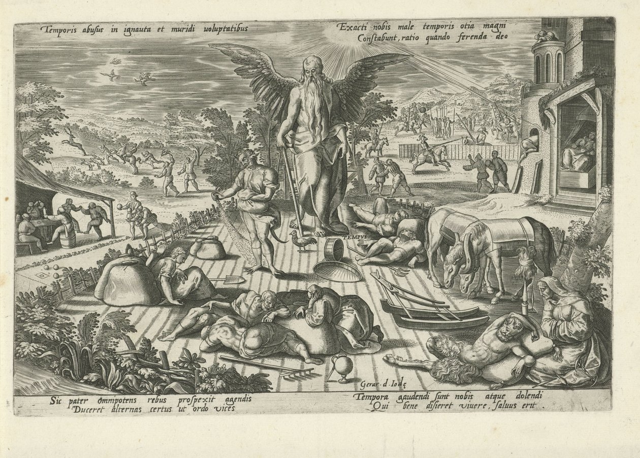 Fars tid midt i scener med dårlig oppførsel Temporis abusus in ignauta et muridi uoluptatibus (...) (tittel på objekt) Moralizing Allegories of Time (serietittel) av Gerard de Jode