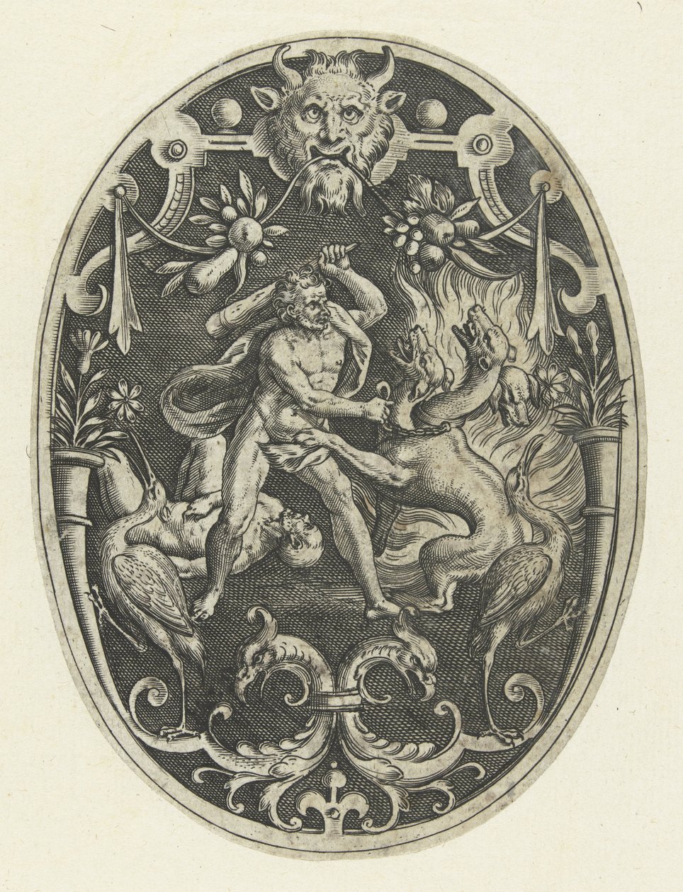 Overflatedekorasjon: Hercules dreper monsteret Geryon Oval overflatedekorasjon med Hercules gjerninger i grotesker (serietittel) av Gerard de Jode