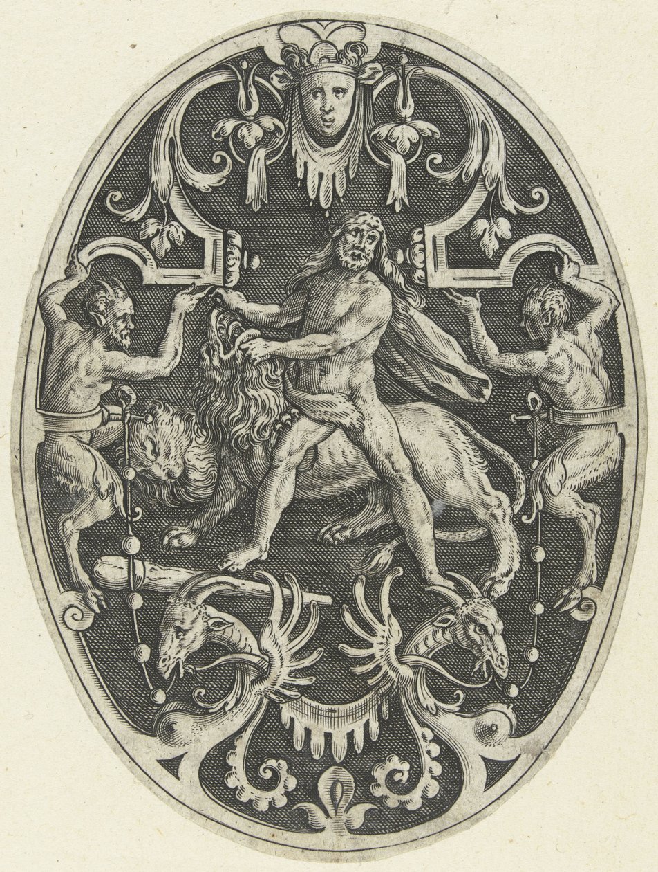 Overflatedekorasjon: Hercules og Nemean-løven Ovale overflatedekorasjoner med Hercules gjerninger i grotesker (serietittel) av Gerard de Jode