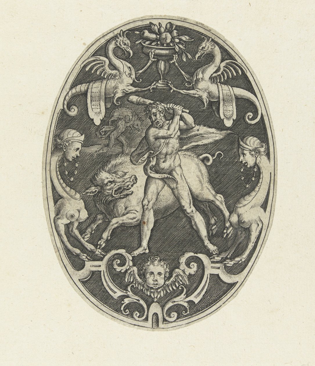 Overflatedekorasjon: Hercules fanger den erymantiske villsvinet Oval overflatedekorasjon med Hercules gjerninger i grotesker (serietittel) av Gerard de Jode