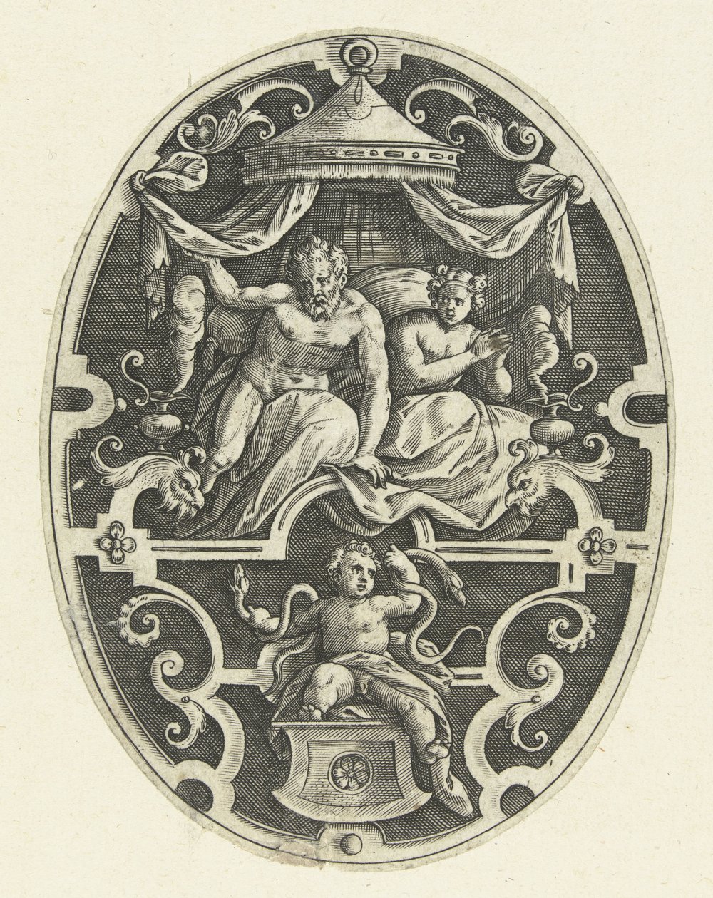 Overflatedekorasjon: Hercules kveler de to slangene i vuggen sin Ovale overflatedekorasjoner med Hercules gjerninger i grotesker (serietittel) av Gerard de Jode