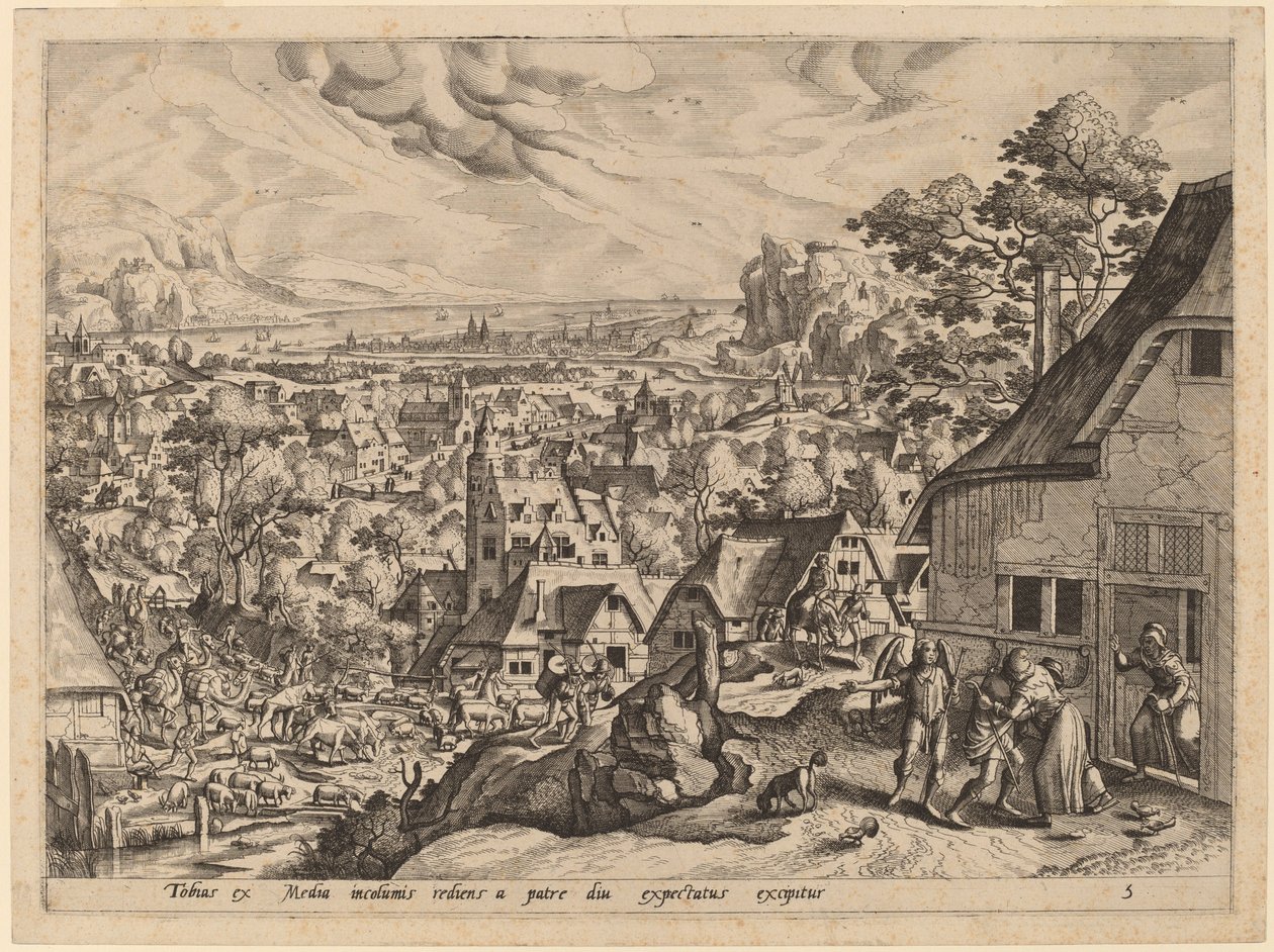 Tobias vender hjem med bruden sin av Gerard de Jode after Hans Bol