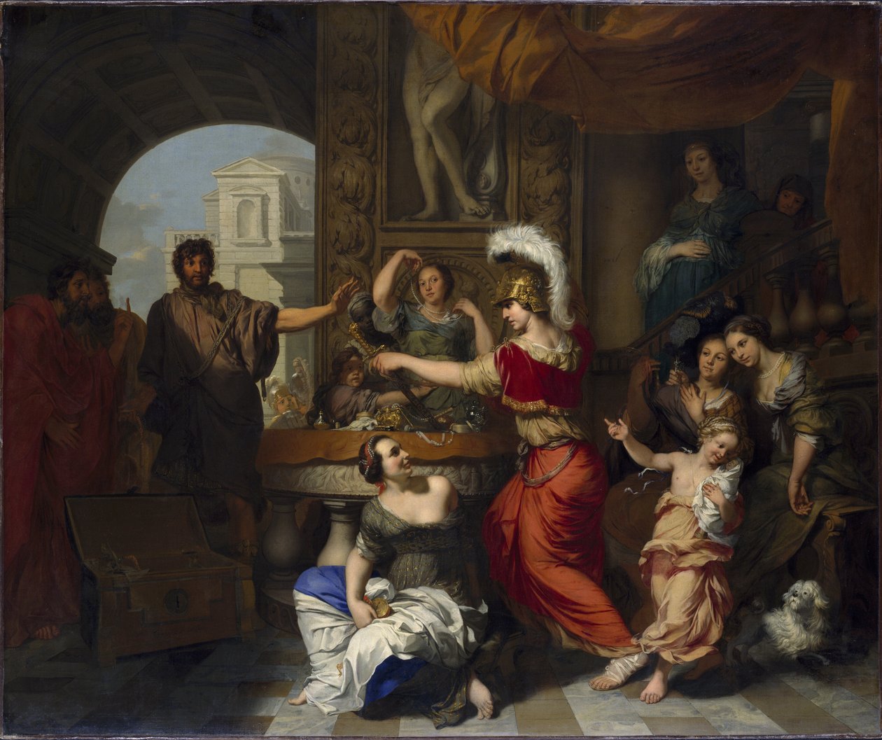 Achille decouvert av Ulysse parmi les filles de Lycomede a Skyros - Achilles oppdaget av Ulysses blant døtrene til Lycomedes på Skyros, av Lairesse, Gerard, de (1640-1711). Olje på lerret. Mål: 150,5x181 cm. Nationalmuseum Stockholm av Gerard de Lairesse