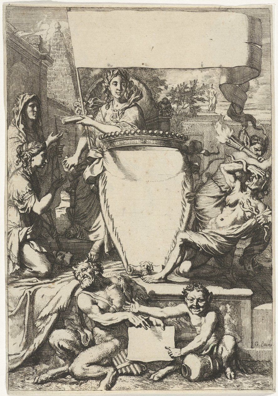 Kartusj omgitt av allegoriske figurer av Gerard de Lairesse