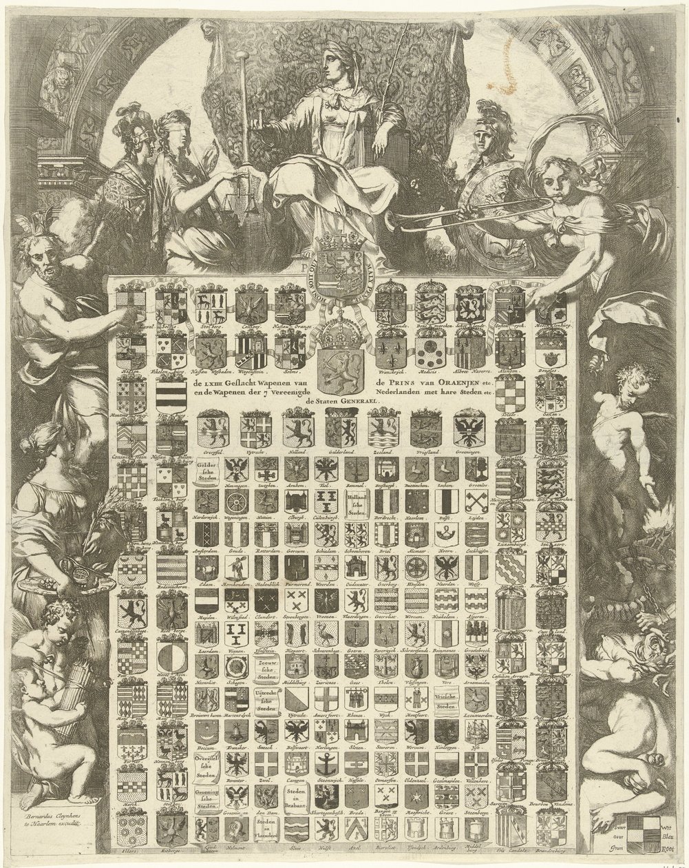 Kjønnsvåpen til prins William III i en allegorisk ramme LXIIII Gender Weapons of the Prince of Oraenjen etc. og Weapons of the 7 United Netherlands with its Cities etc. (tittel på objekt) av Gerard de Lairesse
