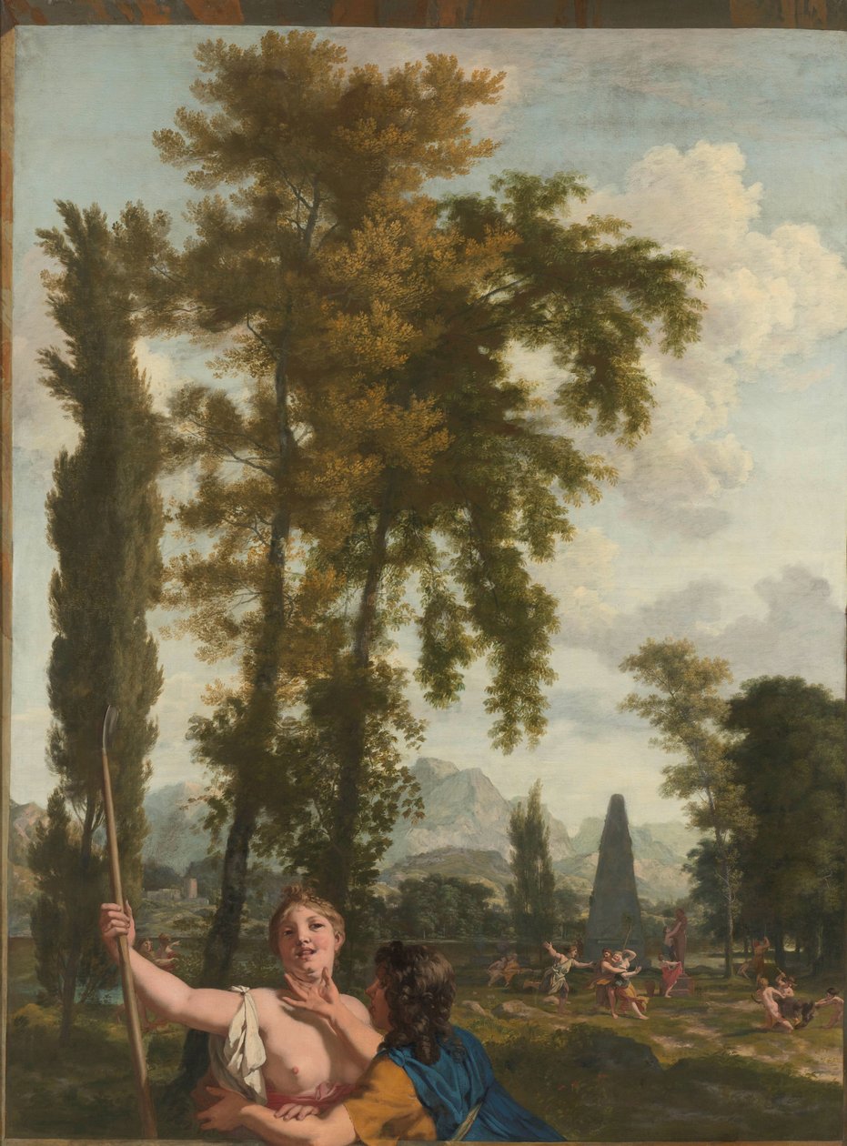 Italiensk landskap med gjeter og gjeterinne Dekorasjon for et rom i huset til Jacob de Flines i Amsterdam (serietittel) av Gerard de Lairesse