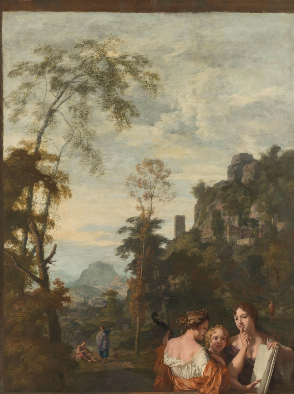 Italiensk landskap med tre kvinner som lager musikk Dekorasjon for et rom i huset til Jacob de Flines i Amsterdam (serietittel) av Gerard de Lairesse