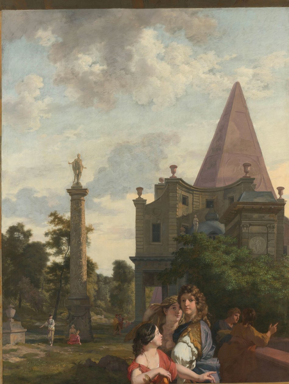 Italiensk landskap med tre kvinner i forgrunnen Dekorasjon for et rom i huset til Jacob de Flines i Amsterdam (serietittel) av Gerard de Lairesse