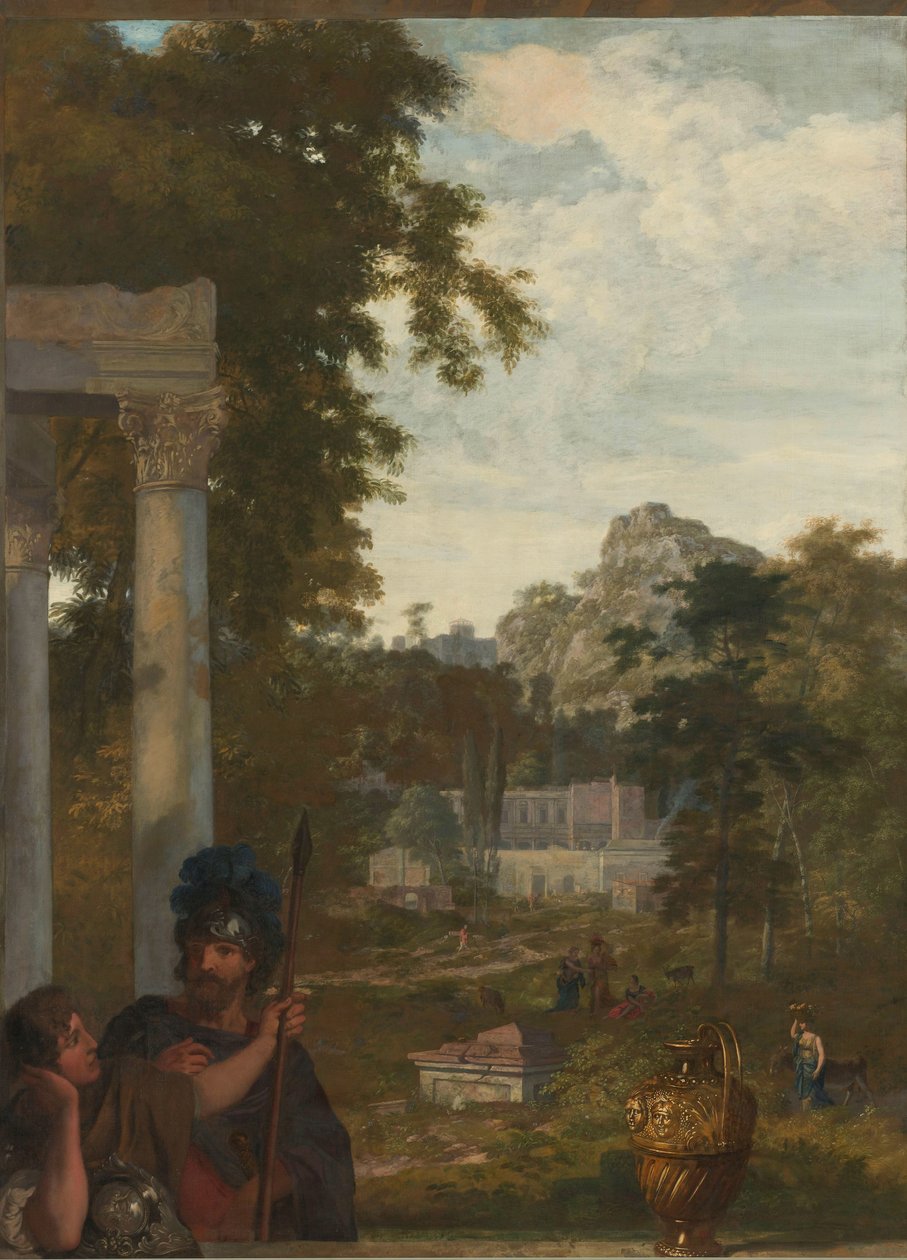 Italiensk landskap med to romerske soldater Dekorasjon for et rom i huset til Jacob de Flines i Amsterdam (serietittel) av Gerard de Lairesse