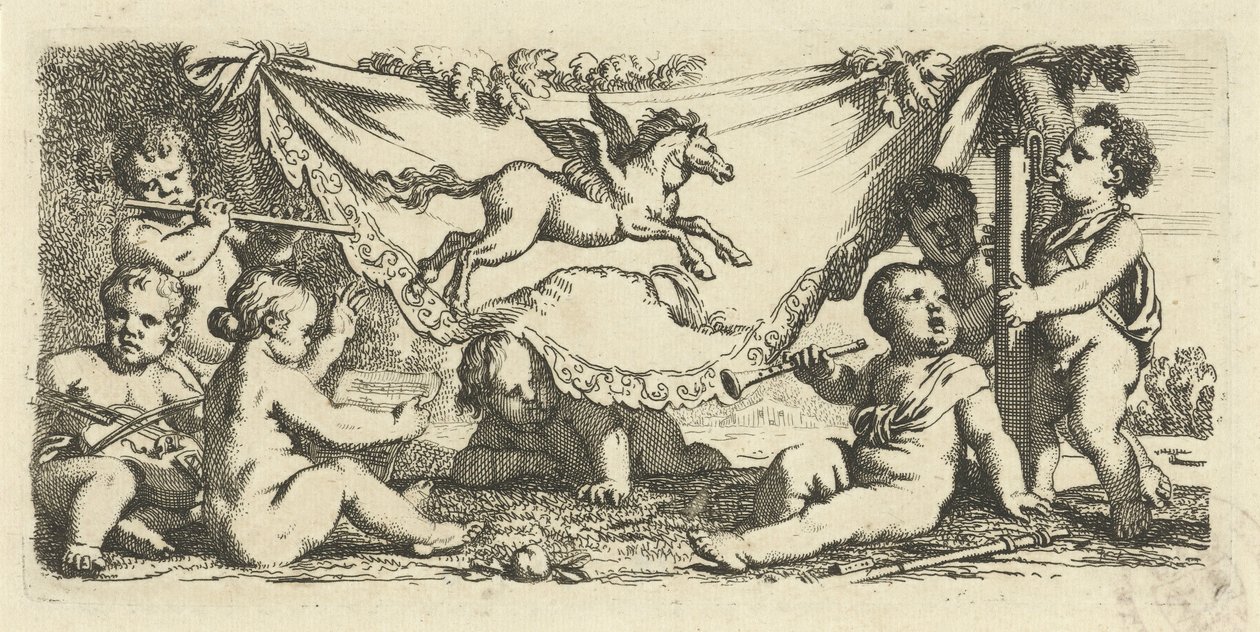 Putti lager musikk med Pegasus av Gerard de Lairesse