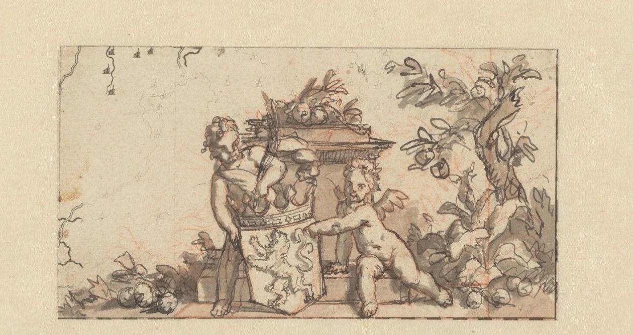 Design for en vignett med to putti med Hollands våpenskjold av Gerard de Lairesse