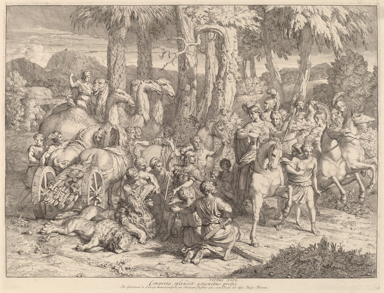 Semiramis on the Lion Hunt   1239001   no       norwegian Successfully Translated  Original: A slave pours scented oil on her mistress hair, ancient Rome 1928 (print) Translat: A slave pours scented oil on her mistress
