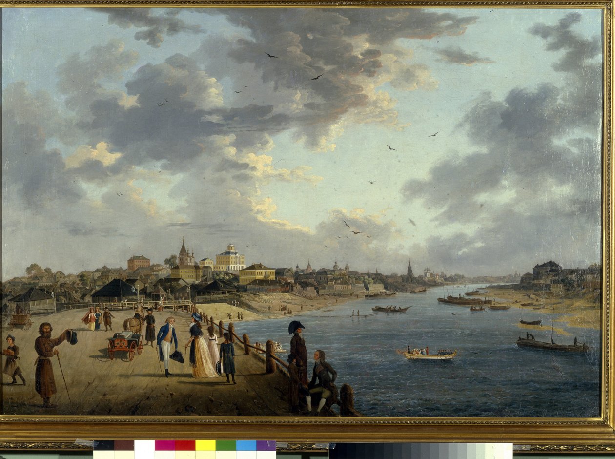 Yaouza-elven i Moskva. (Yauza-elven i Moskva). Utsikt over byen og beskrivelse av bredden av sideelven til Moscova. Maleri av Gerard de la Barthe (aktiv mellom 1787-1810), olje på lerret, ca. 1790. Fransk kunst av Gerard de la Barthe