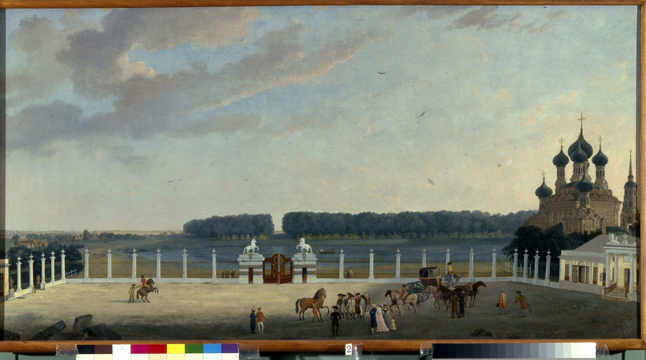 Utsikten fra vinduene til Ostankino-palasset (Moskva) (Utsikt fra vinduene til Ostankino-palasset). Maleri av Gerard de la Barthe (aktiv 1787-1810), olje på lerret, ca 1790. Fransk kunst fra 1700-tallet. Statens russiske museum, St. Petersburg. av Gerard de la Barthe