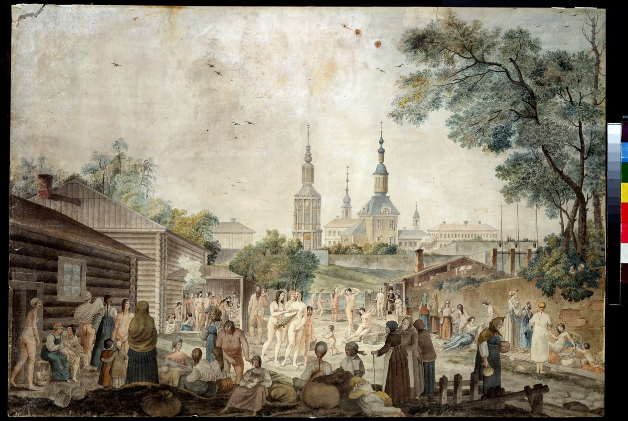 Une cure thermale (Sauna) a Moscou (A cure bath in Moscow). Peinture de Gerard de la Barthe (actif entre 1787 et 1810). Aquarelle sur papier, 45,7 x 66,7 cm, vers 1790. Art francais du 18e siecle. Museum of private collections in A.Pushkin Museum of Fine A av Gerard de la Barthe