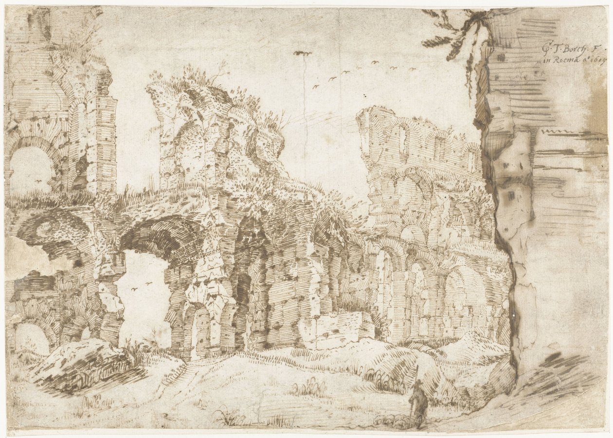 Ruinene av Colosseum, Roma, sett innenfra av Gerard ter Borch
